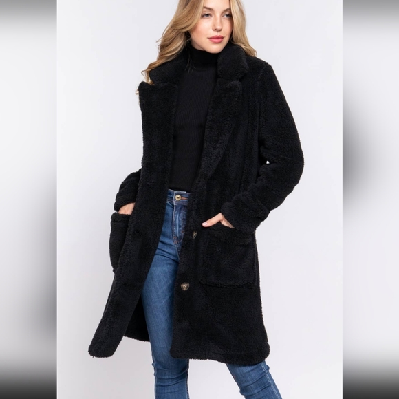 Long Black Sherpa Coat (LAST ONE) - Picture 1 of 6